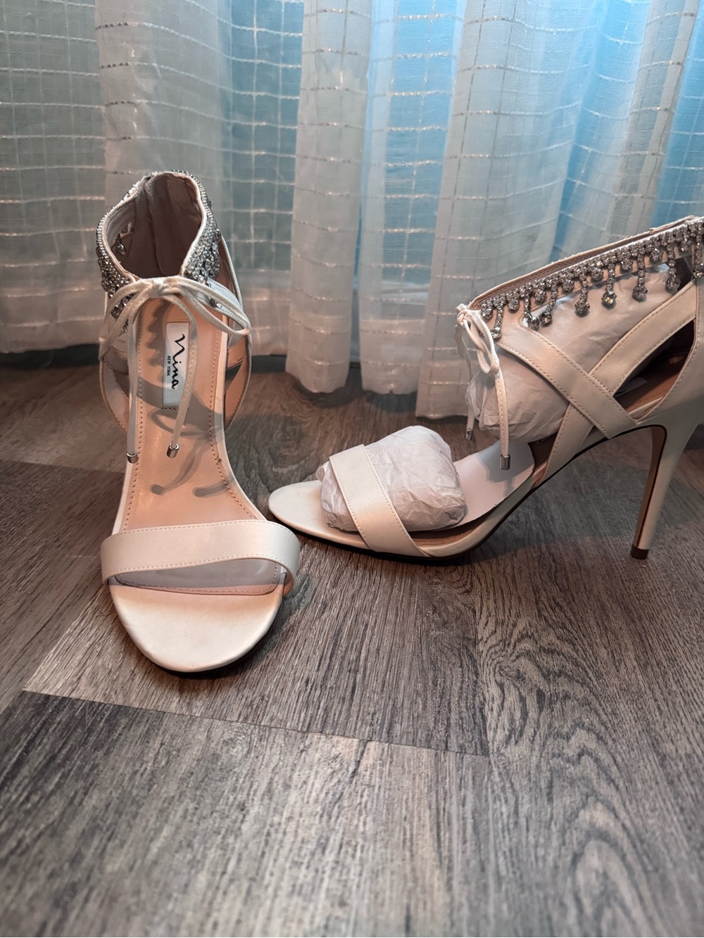 Nina Ivory Satin Open-Toe Stiletto Heels with Crystal Fringe